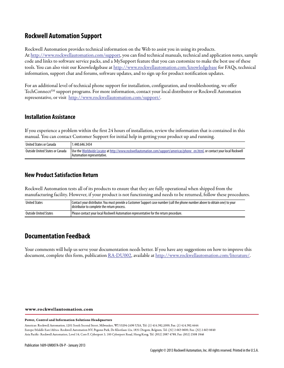 Rockwell automation support, Documentation feedback, Installation assistance | New product satisfaction return | Rockwell Automation 1609 UPS Management Software User Manual User Manual | Page 44 / 44