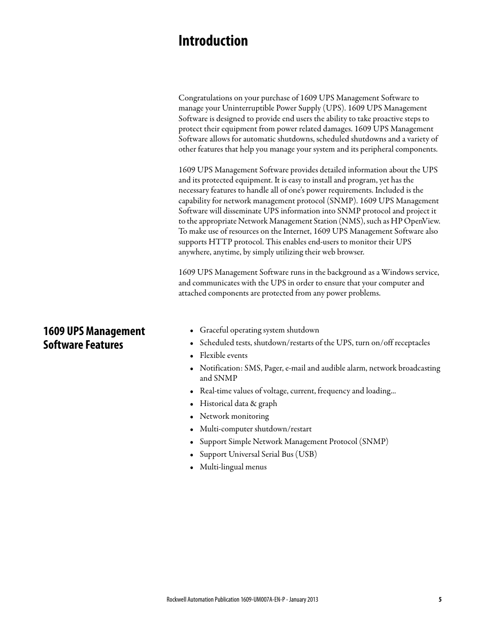 Introduction, 1609 ups management software features | Rockwell Automation 1609 UPS Management Software User Manual User Manual | Page 7 / 44