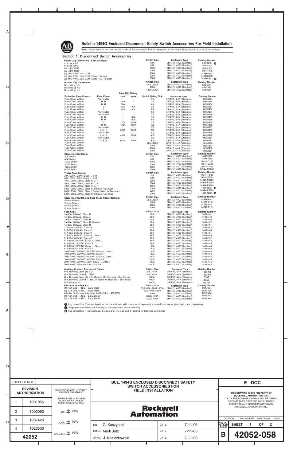 Rockwell Automation 1494G Enclosed Disconnect Safety Switch Accessories for Field Installation User Manual | 2 pages