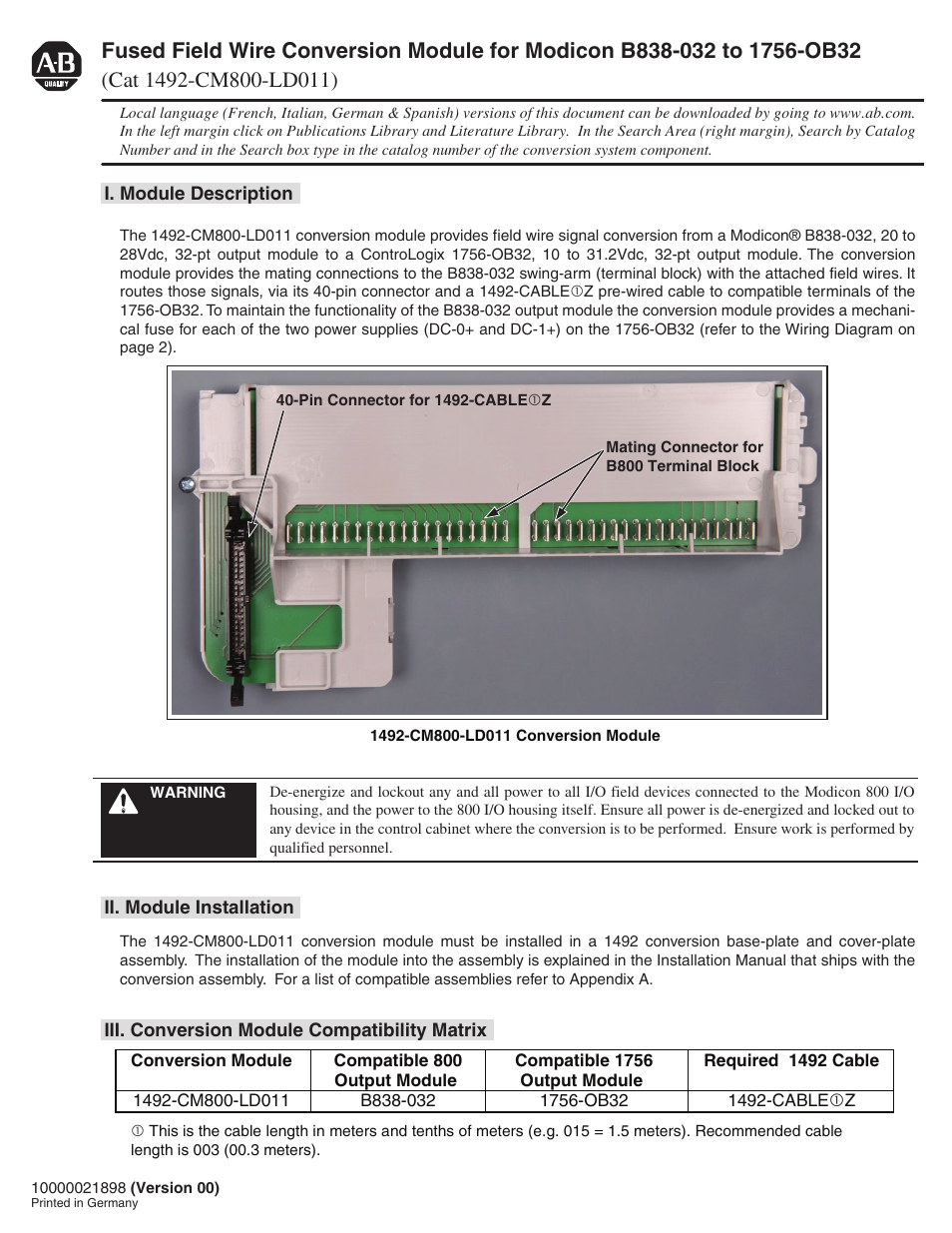 Rockwell Automation 1492-CM800-LD011 Field Wire Conv. Module for Modicon B838-032 to 1756-OB32 User Manual | 6 pages