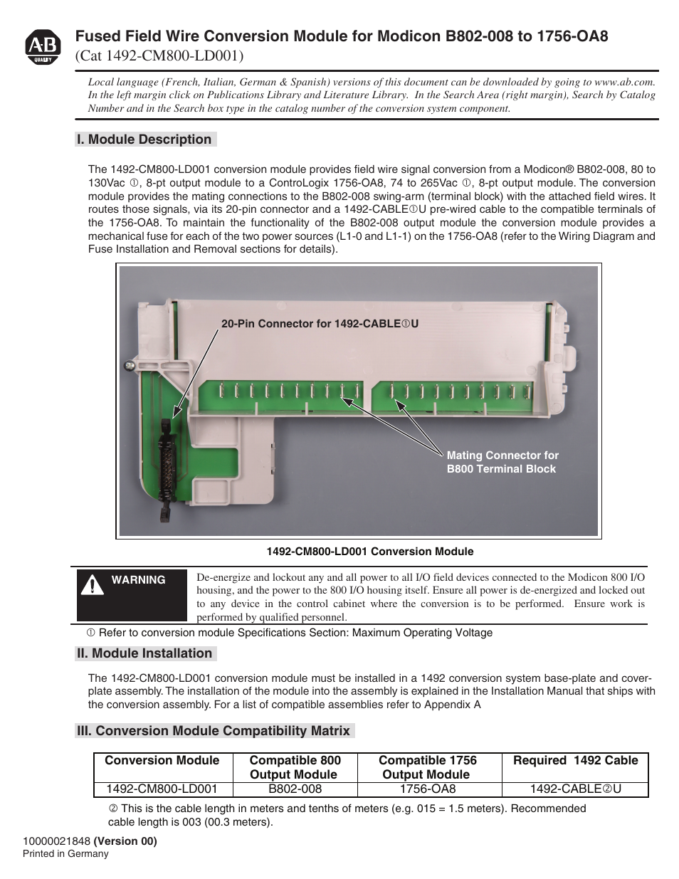 Rockwell Automation 1492-CM800-LD001 Field Wire Conv. Module for Modicon B802-008 to 1756-OA8 User Manual | 6 pages