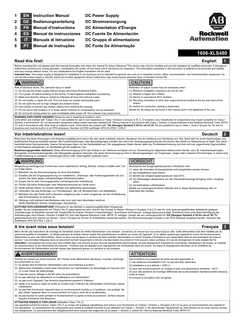 Rockwell Automation 1606-XLS480 DC Power Supply Single-Phase Input User Manual | 4 pages