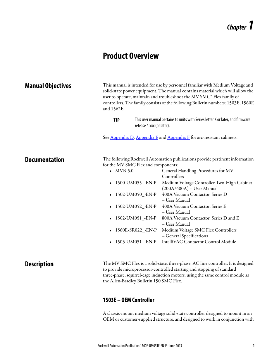 1 - product overview, Manual objectives, Documentation | Description, 1503e – oem controller, Chapter 1, Product overview, Manual objectives documentation description, Chapter | Rockwell Automation MV SMC Flex Motor Controller (for Series K or later) User Manual | Page 11 / 216