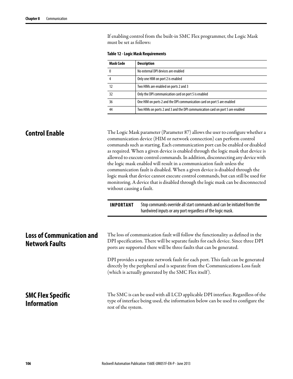 Control enable, Loss of communication and network faults, Smc flex specific information | Refer to, Chapter 8 | Rockwell Automation MV SMC Flex Motor Controller (for Series K or later) User Manual | Page 116 / 216