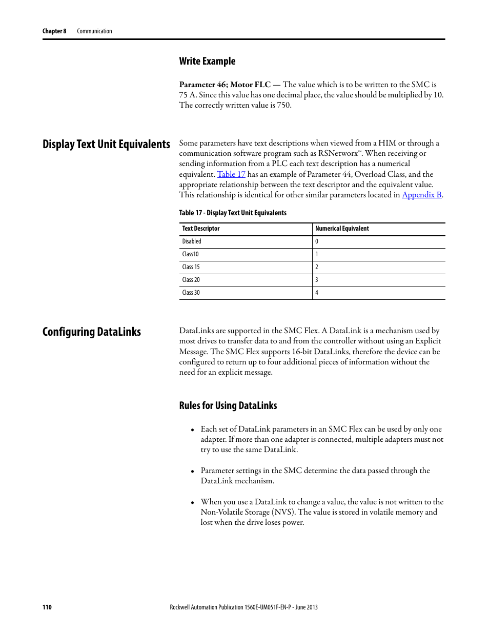 Write example, Display text unit equivalents, Configuring datalinks | Rules for using datalinks | Rockwell Automation MV SMC Flex Motor Controller (for Series K or later) User Manual | Page 120 / 216