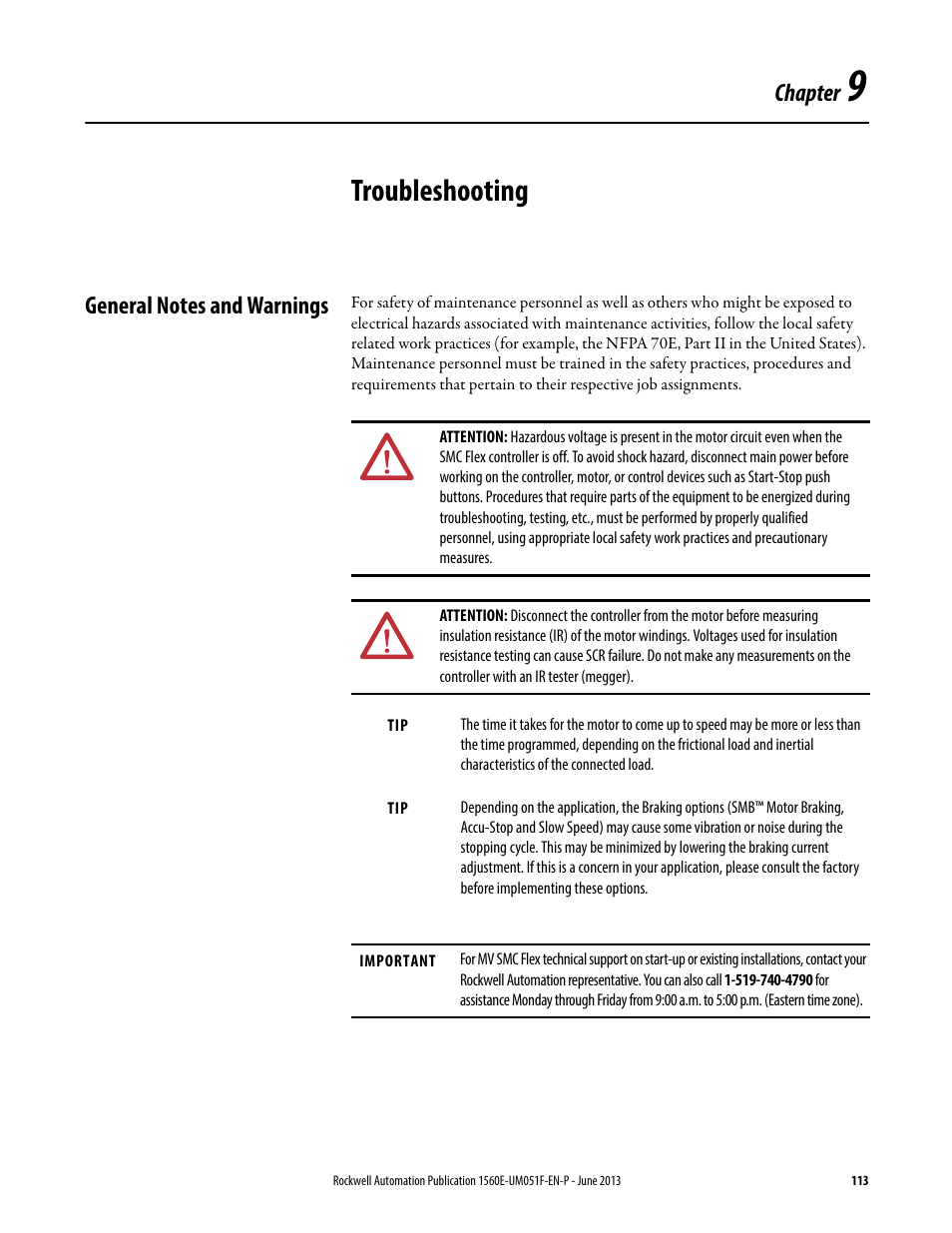 9 - troubleshooting, General notes and warnings, Chapter 9 | Troubleshooting, Chapter | Rockwell Automation MV SMC Flex Motor Controller (for Series K or later) User Manual | Page 123 / 216