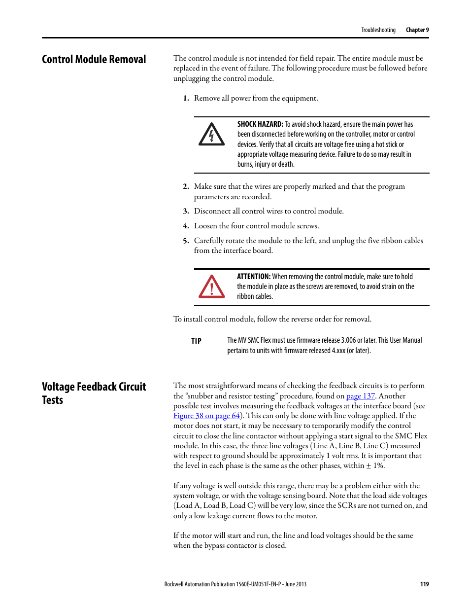 Control module removal, Voltage feedback circuit tests | Rockwell Automation MV SMC Flex Motor Controller (for Series K or later) User Manual | Page 129 / 216