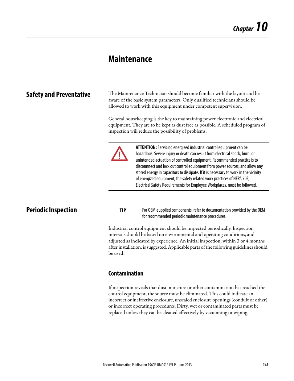 10 - maintenance, Safety and preventative, Periodic inspection | Contamination, Chapter 10, Maintenance, Safety and preventative periodic inspection | Rockwell Automation MV SMC Flex Motor Controller (for Series K or later) User Manual | Page 155 / 216