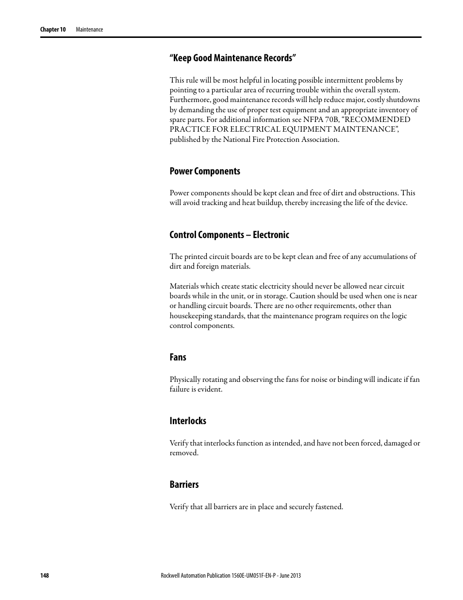 Keep good maintenance records, Power components, Control components – electronic | Fans, Interlocks, Barriers | Rockwell Automation MV SMC Flex Motor Controller (for Series K or later) User Manual | Page 158 / 216