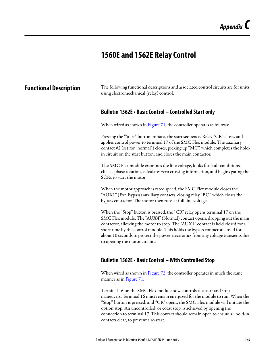 C - 1560e and 1562e relay control, Functional description, Appendix c | 1560e and 1562e relay control, Appendix | Rockwell Automation MV SMC Flex Motor Controller (for Series K or later) User Manual | Page 175 / 216