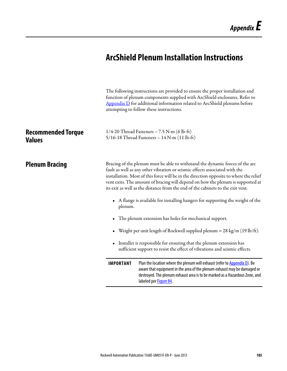 E - arcshield plenum installation instructions, Recommended torque values, Plenum bracing | Appendix e, Arcshield plenum installation instructions, Recommended torque values plenum bracing, Refer to, For a l, Appendix | Rockwell Automation MV SMC Flex Motor Controller (for Series K or later) User Manual | Page 195 / 216