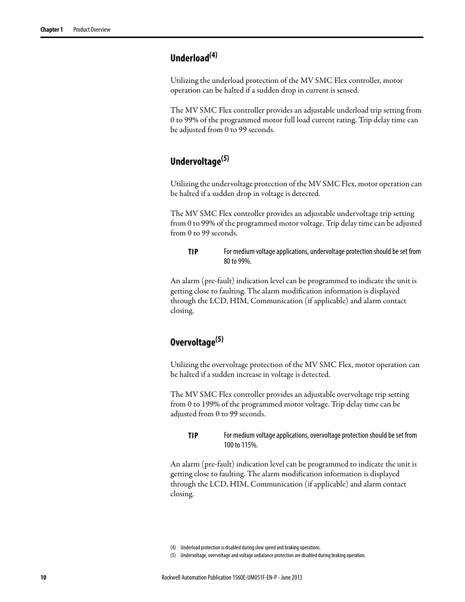 Underload, Undervoltage, Overvoltage(5) | Underload undervoltage overvoltage, Overvoltag e | Rockwell Automation MV SMC Flex Motor Controller (for Series K or later) User Manual | Page 20 / 216