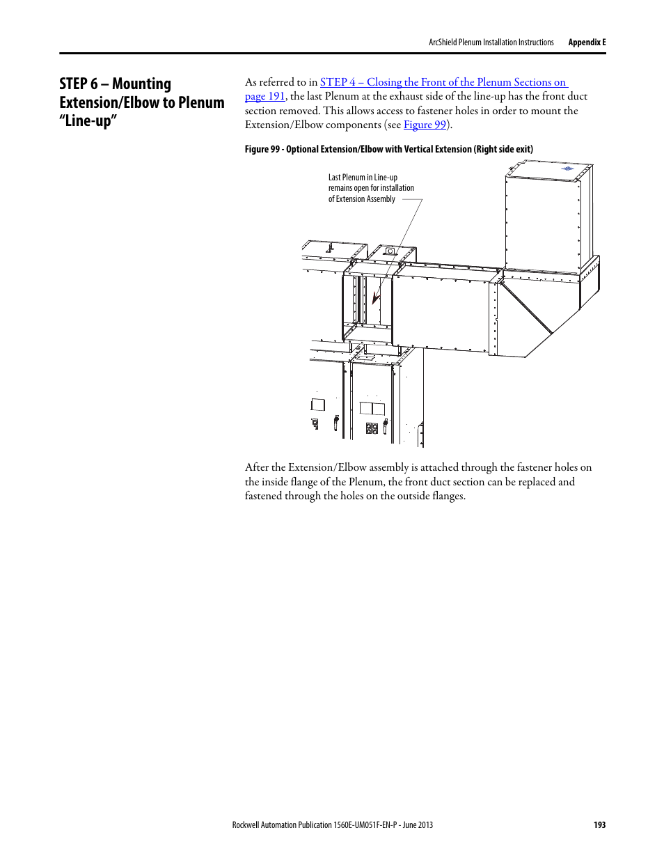 E (refer to, Step 6 – mounting extension/elbow to | Rockwell Automation MV SMC Flex Motor Controller (for Series K or later) User Manual | Page 203 / 216