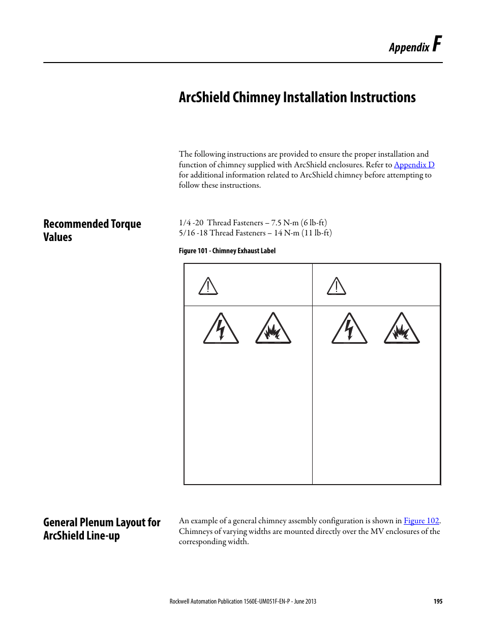 F - arcshield chimney installation instructions, Recommended torque values, General plenum layout for arcshield line-up | Appendix f, Arcshield chimney installation instructions, For arc-resist, R to, Danger, Appendix | Rockwell Automation MV SMC Flex Motor Controller (for Series K or later) User Manual | Page 205 / 216