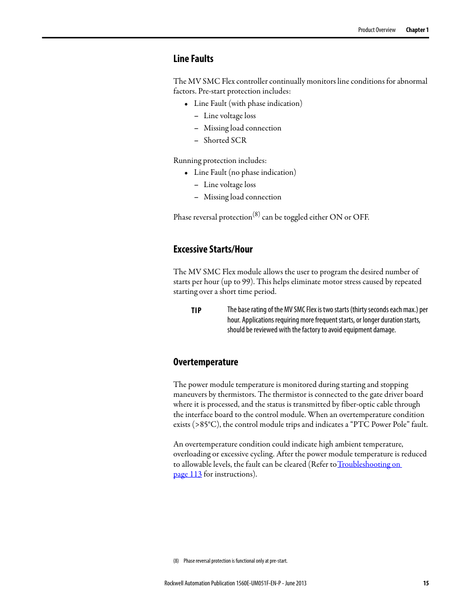 Line faults, Excessive starts/hour, Overtemperature | Line faults excessive starts/hour overtemperature | Rockwell Automation MV SMC Flex Motor Controller (for Series K or later) User Manual | Page 25 / 216