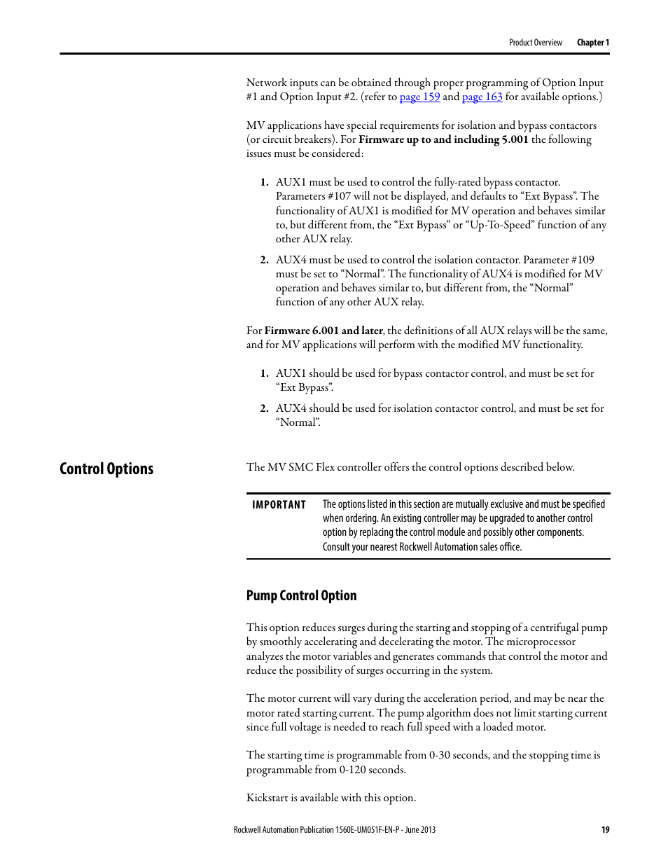 Control options, Pump control option | Rockwell Automation MV SMC Flex Motor Controller (for Series K or later) User Manual | Page 29 / 216