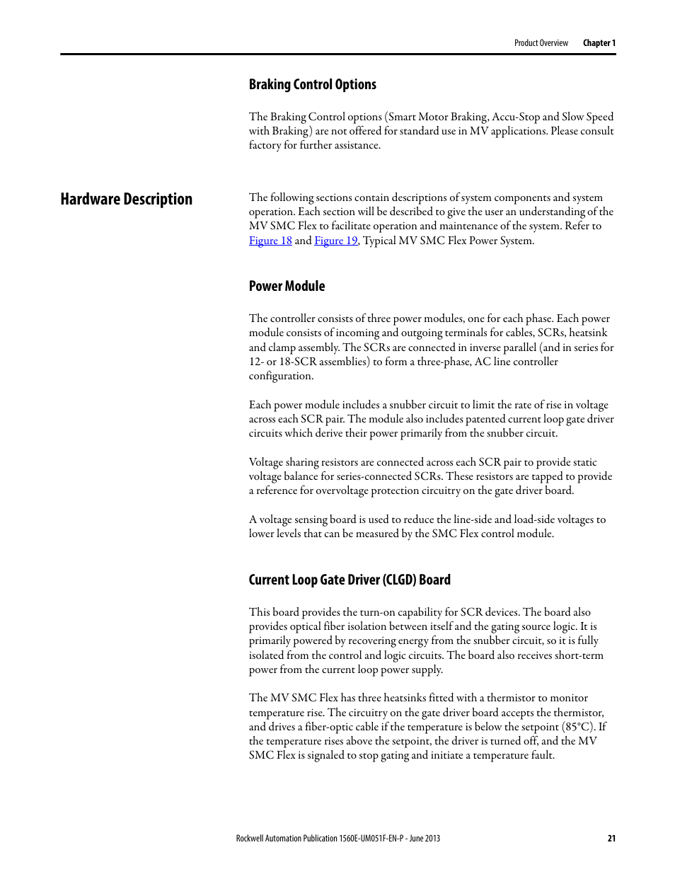 Braking control options, Hardware description, Power module | Current loop gate driver (clgd) board, Power module current loop gate driver (clgd) board | Rockwell Automation MV SMC Flex Motor Controller (for Series K or later) User Manual | Page 31 / 216