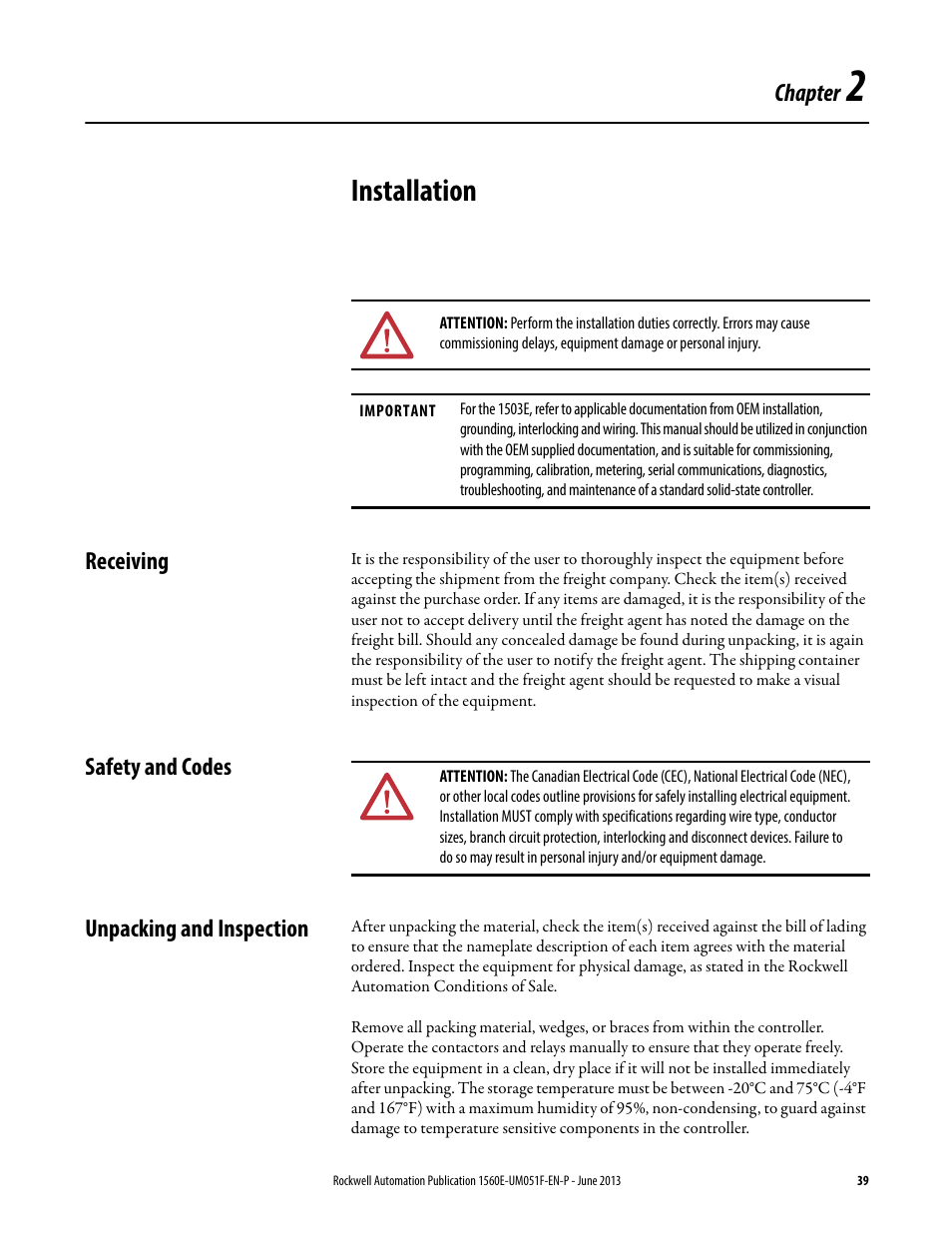2 - installation, Receiving, Safety and codes | Unpacking and inspection, Chapter 2, Installation | Rockwell Automation MV SMC Flex Motor Controller (for Series K or later) User Manual | Page 49 / 216