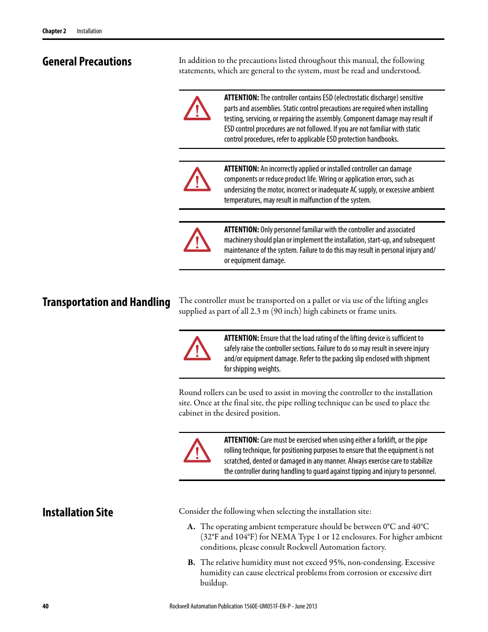 General precautions, Transportation and handling, Installation site | Rockwell Automation MV SMC Flex Motor Controller (for Series K or later) User Manual | Page 50 / 216
