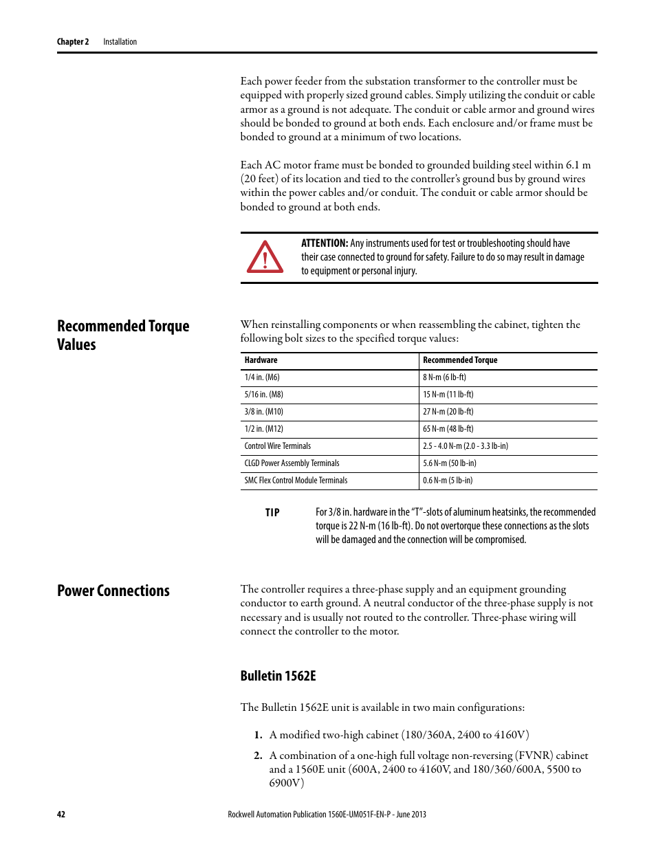 Recommended torque values, Power connections, Bulletin 1562e | Recommended torque values power connections | Rockwell Automation MV SMC Flex Motor Controller (for Series K or later) User Manual | Page 52 / 216