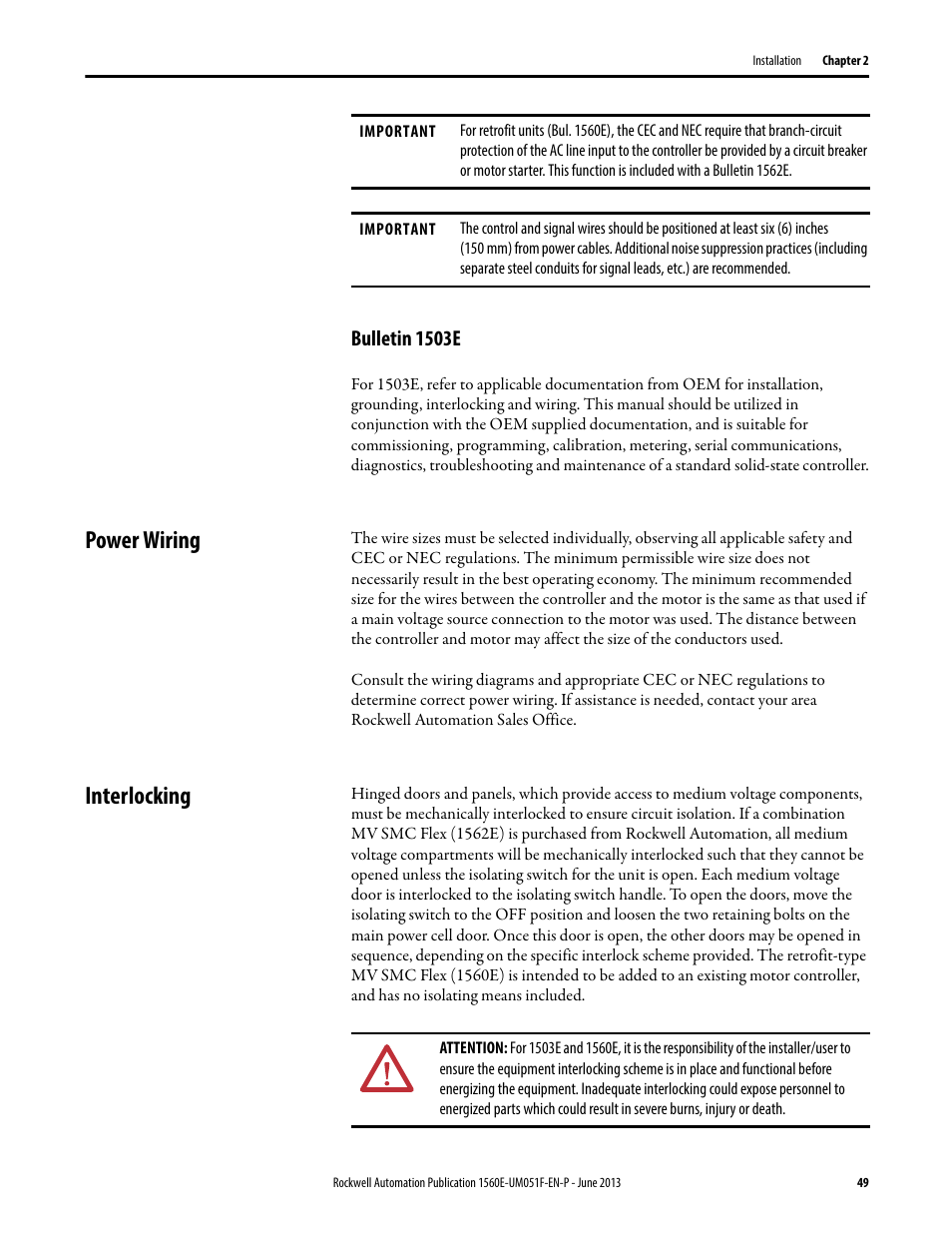 Bulletin 1503e, Power wiring, Interlocking | Power wiring interlocking | Rockwell Automation MV SMC Flex Motor Controller (for Series K or later) User Manual | Page 59 / 216