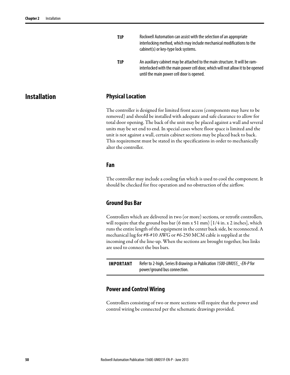 Installation, Physical location, Ground bus bar | Power and control wiring | Rockwell Automation MV SMC Flex Motor Controller (for Series K or later) User Manual | Page 60 / 216