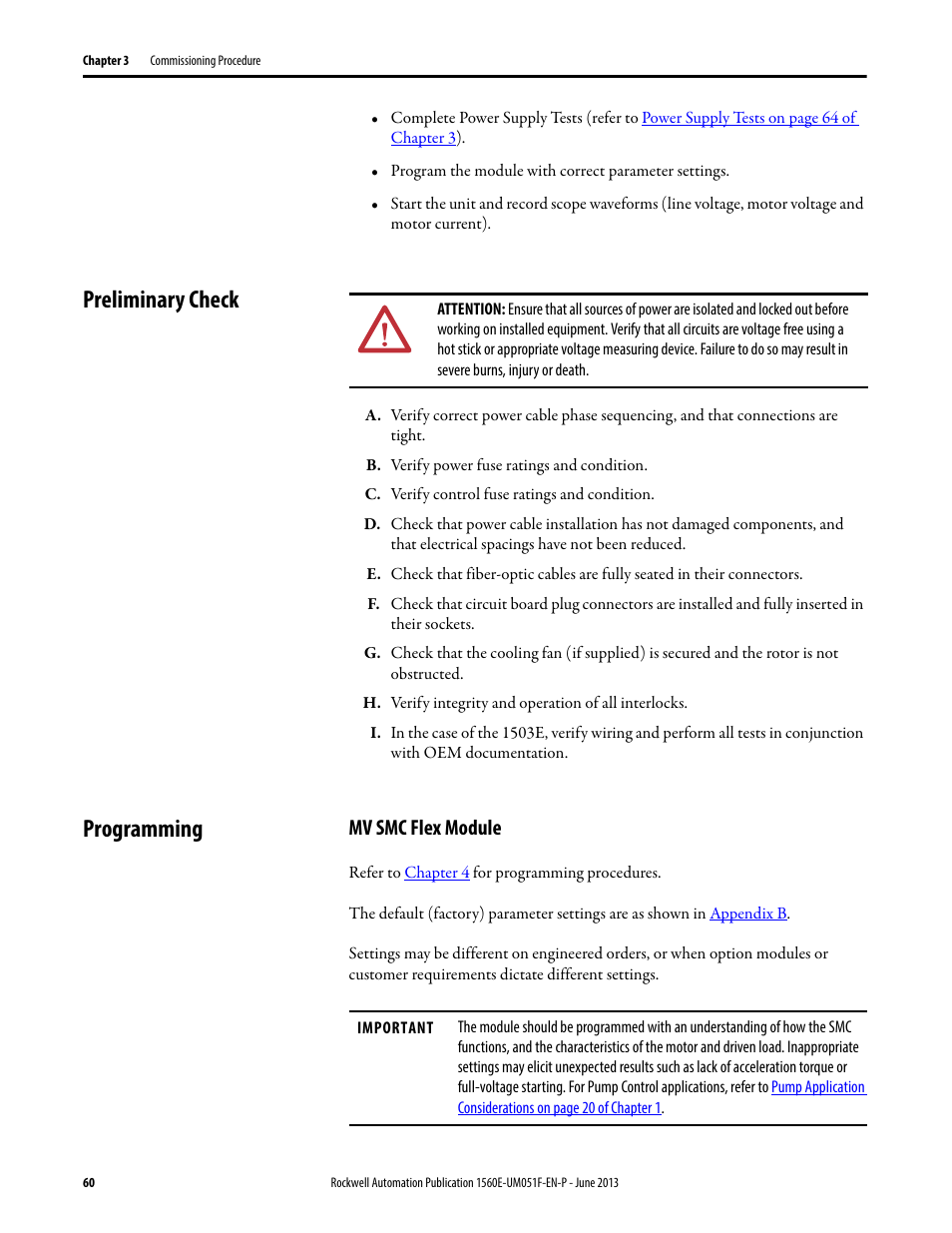 Preliminary check, Programming, Mv smc flex module | Preliminary check programming | Rockwell Automation MV SMC Flex Motor Controller (for Series K or later) User Manual | Page 70 / 216
