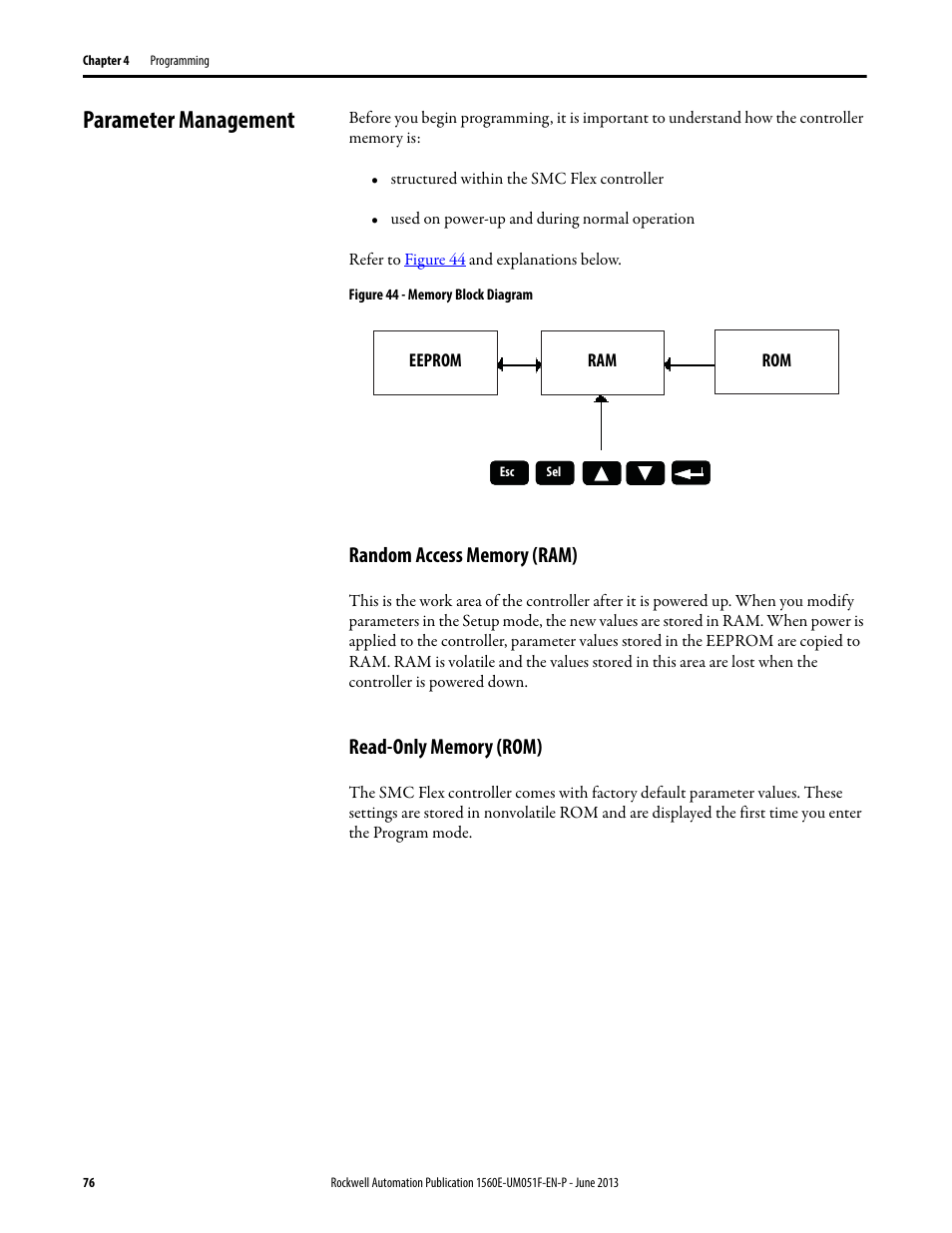 Parameter management, Random access memory (ram), Read-only memory (rom) | Random access memory (ram) read-only memory (rom), Refer to | Rockwell Automation MV SMC Flex Motor Controller (for Series K or later) User Manual | Page 86 / 216
