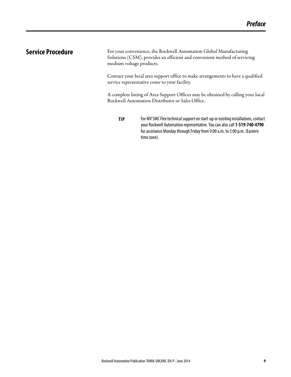 Preface, Service procedure, Preface service procedure | Rockwell Automation MV SMC Flex Motor Controller (for Series K or later) User Manual | Page 9 / 216