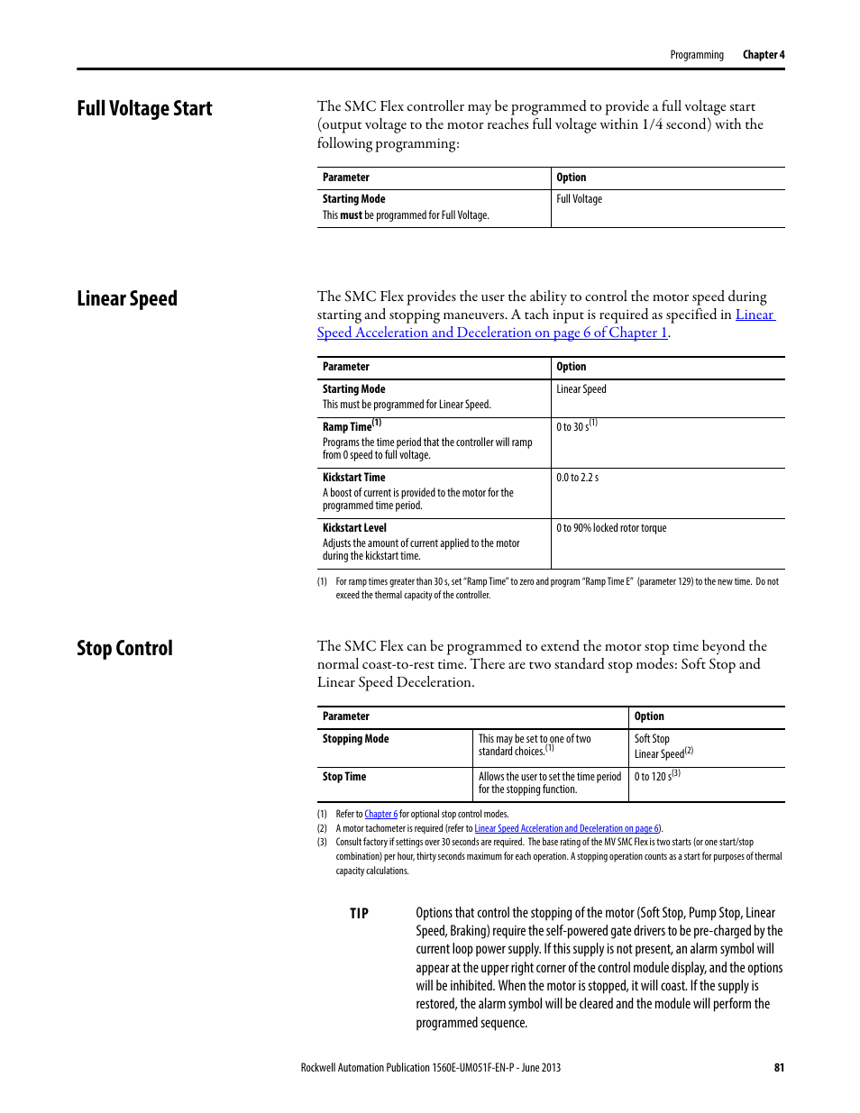 Full voltage start, Linear speed, Stop control | Full voltage start linear speed stop control | Rockwell Automation MV SMC Flex Motor Controller (for Series K or later) User Manual | Page 91 / 216