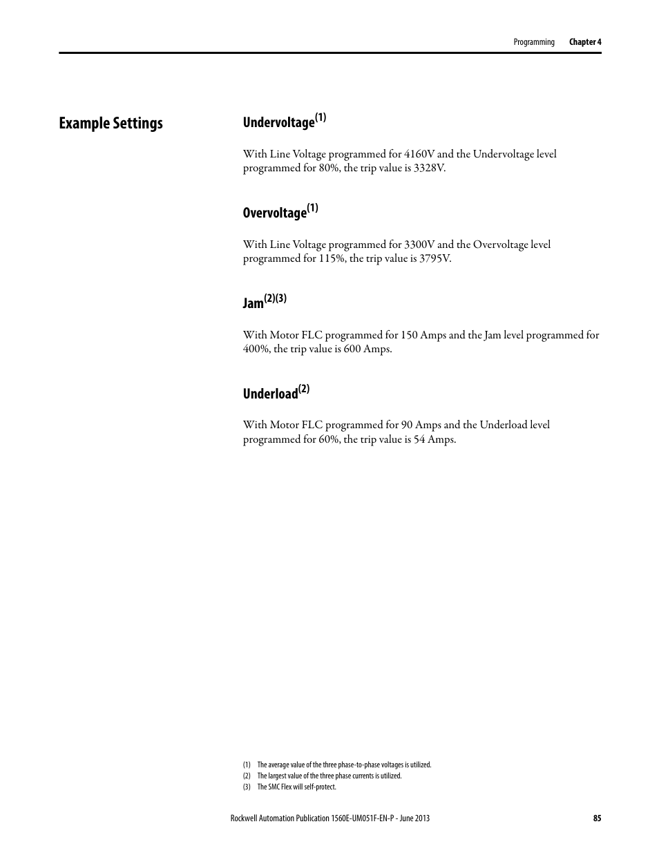 Example settings, Undervoltage, Overvoltage(1) | Underload(2), Undervoltage overvoltage, Jam underload, Overvoltag e, Underload | Rockwell Automation MV SMC Flex Motor Controller (for Series K or later) User Manual | Page 95 / 216