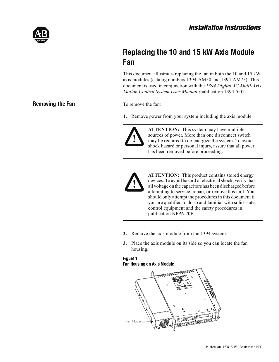 Rockwell Automation 1394-AM50_AM75 Replacing the 10 and 15 kW Axis Module User Manual | 4 pages