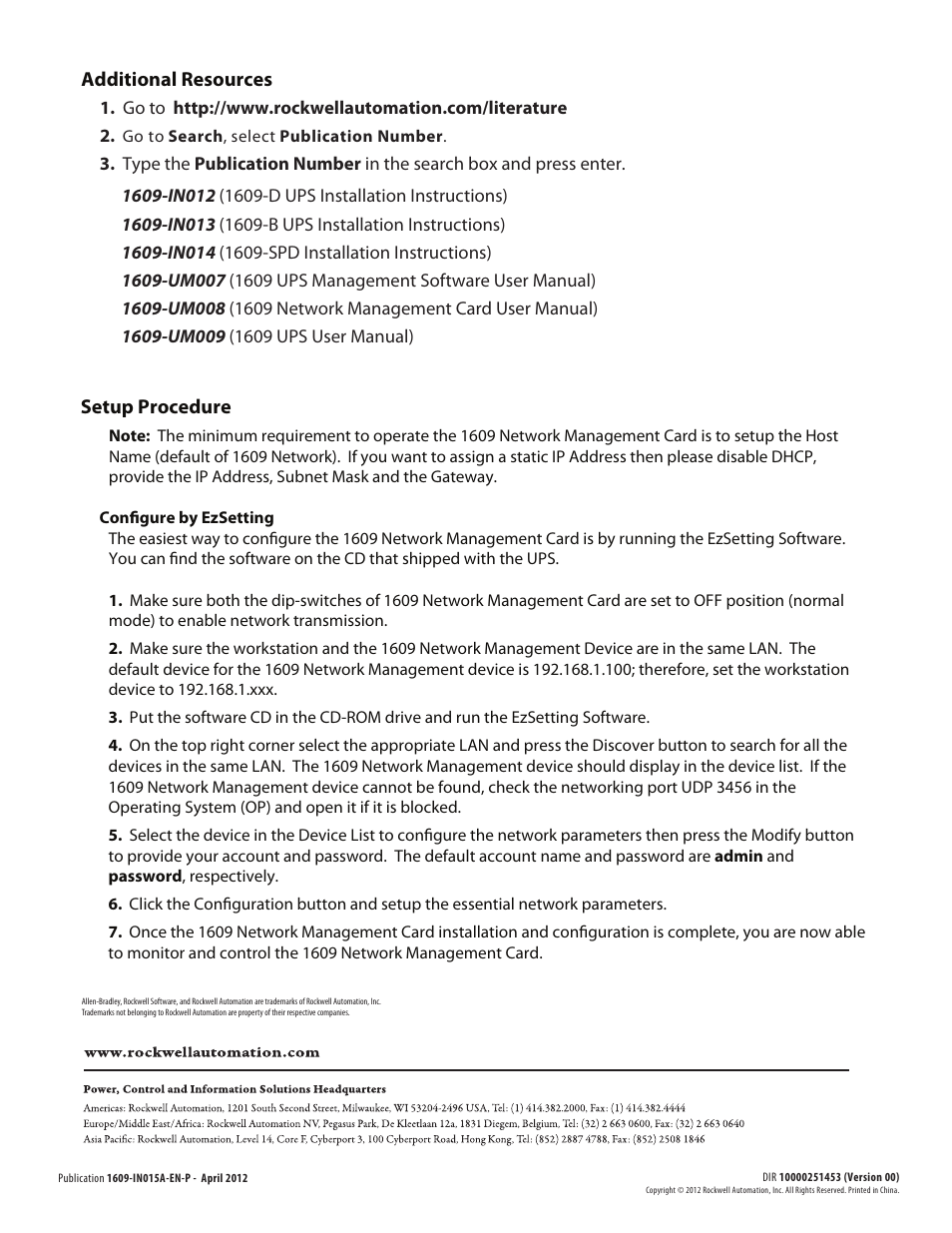 Additional resources, Setup procedure | Rockwell Automation 1609 ENET User Manual | Page 2 / 2