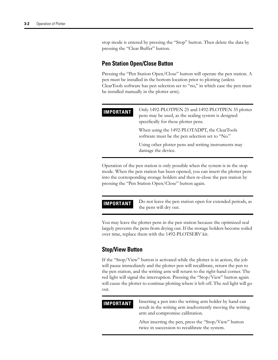 Pen station open/close button, Stop/view button | Rockwell Automation 1492-PLTKIT Plotter Kit - User Manual User Manual | Page 50 / 62