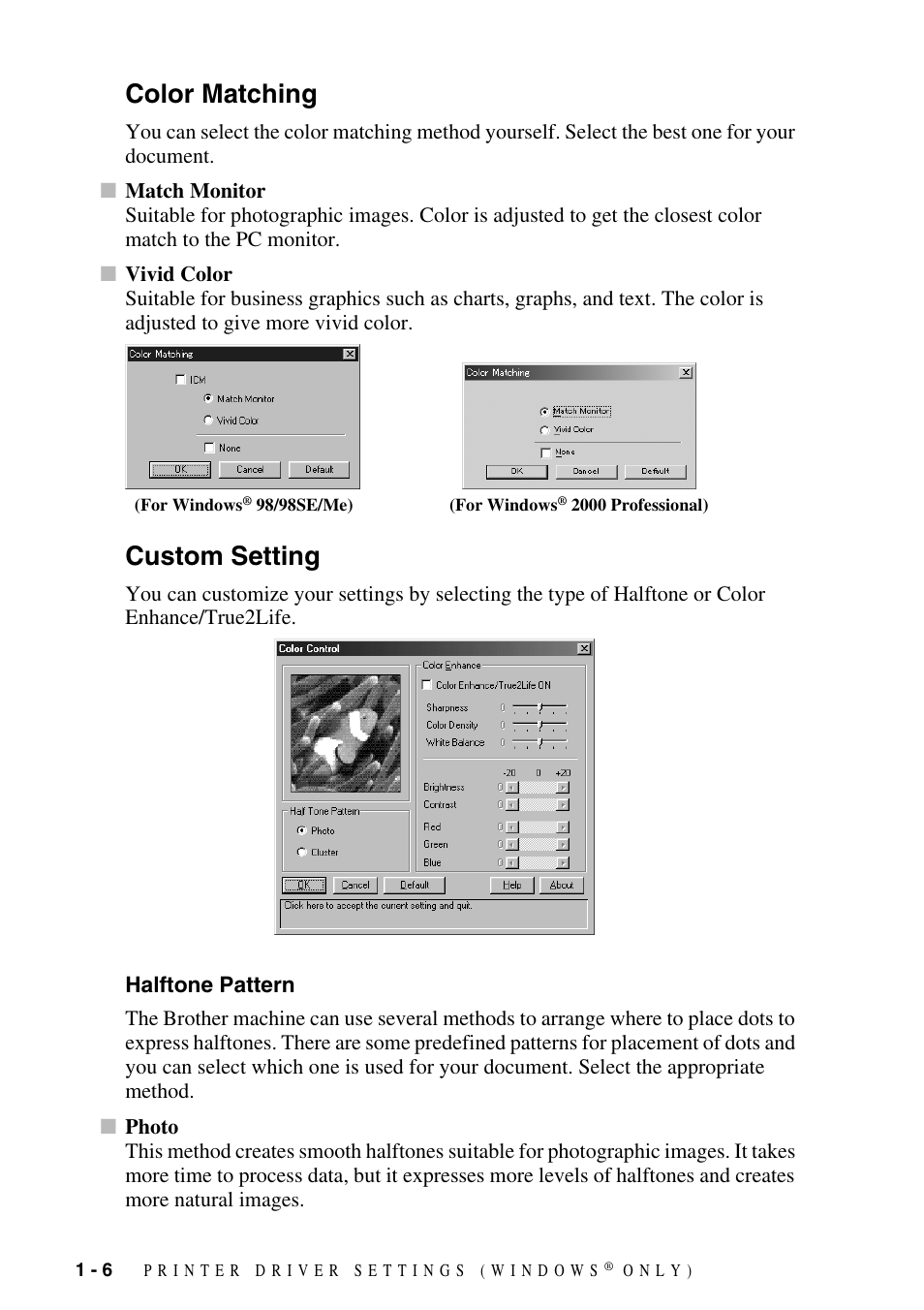 Color matching, Custom setting, Halftone pattern | Color matching -6 custom setting -6, Halftone pattern -6 | Brother IntelliFax FAX-1800C User Manual | Page 11 / 40