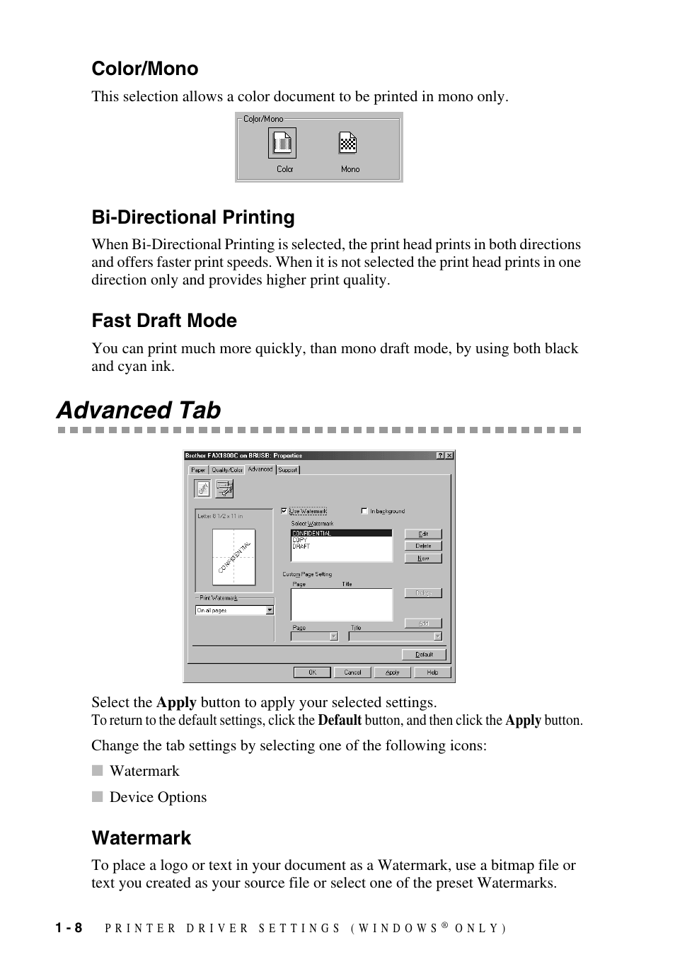 Color/mono, Bi-directional printing, Fast draft mode | Advanced tab, Watermark, Advanced tab -8, Watermark -8 | Brother IntelliFax FAX-1800C User Manual | Page 13 / 40