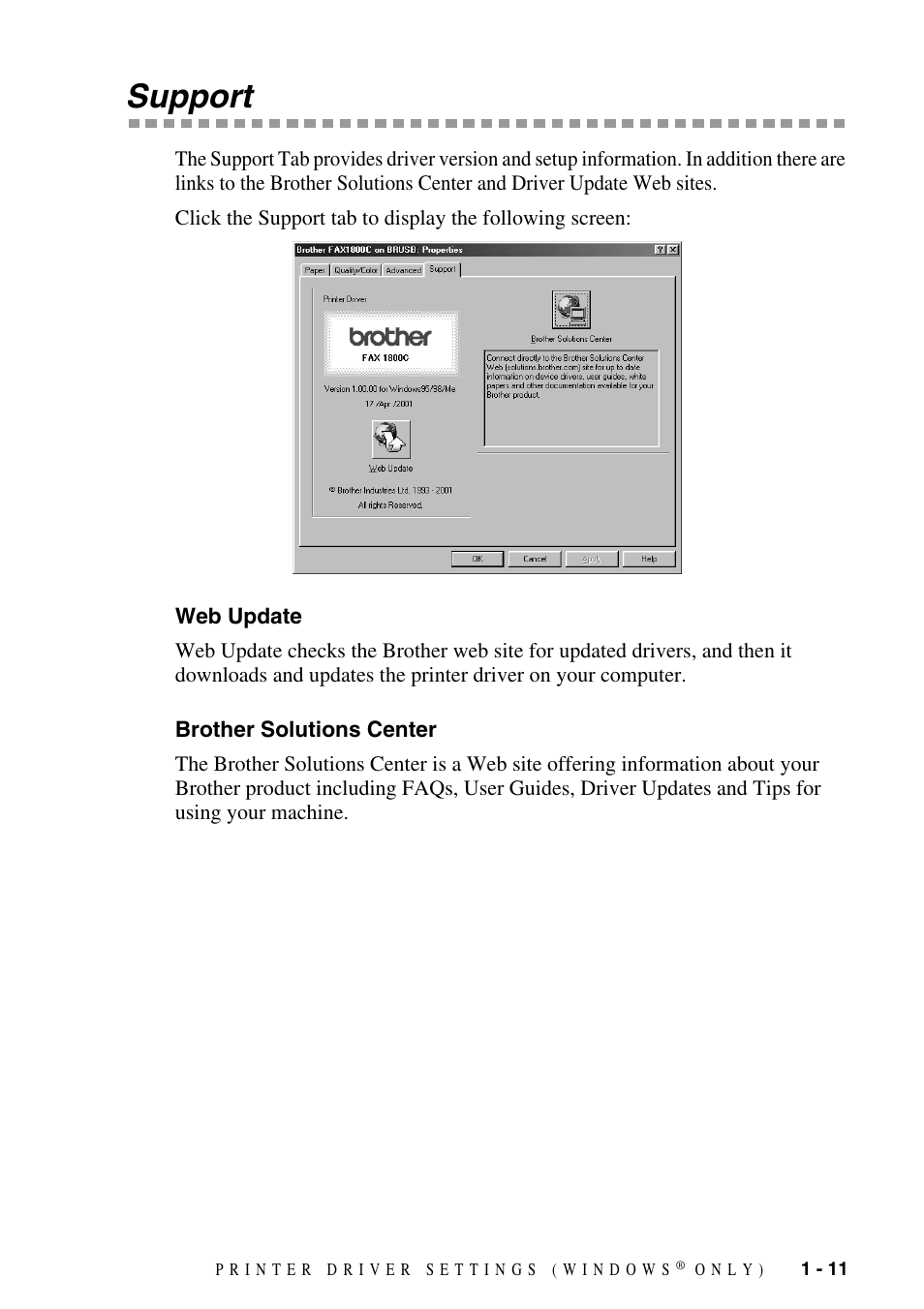 Support, Web update, Brother solutions center | Support -11, Web update -11 brother solutions center -11 | Brother IntelliFax FAX-1800C User Manual | Page 16 / 40
