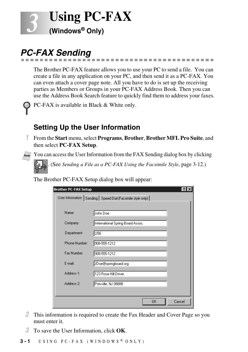 Using pc-fax (windows® only), Pc-fax sending, Setting up the user information | Using pc-fax (windows, Only) -1, Pc-fax sending -1, Setting up the user information -1, Using pc-fax | Brother IntelliFax FAX-1800C User Manual | Page 21 / 40