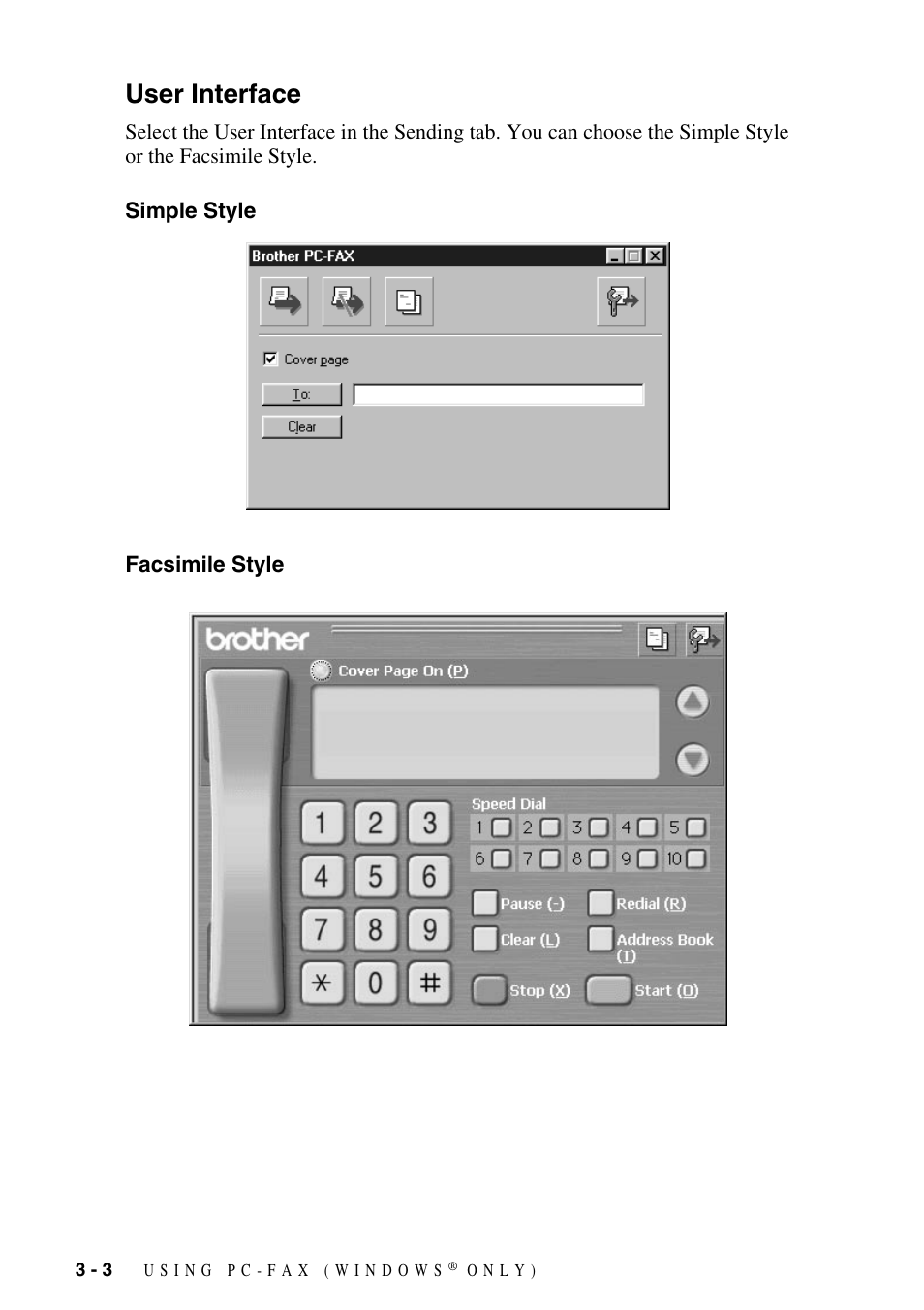 User interface, Simple style, Facsimile style | User interface -3, Simple style -3 facsimile style -3 | Brother IntelliFax FAX-1800C User Manual | Page 23 / 40