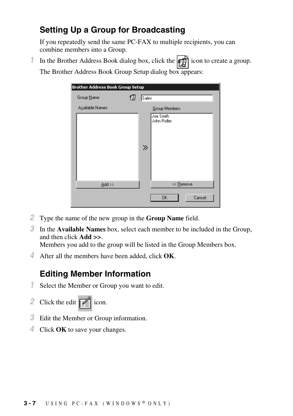 Setting up a group for broadcasting, Editing member information, Editing member information 1 | Brother IntelliFax FAX-1800C User Manual | Page 27 / 40