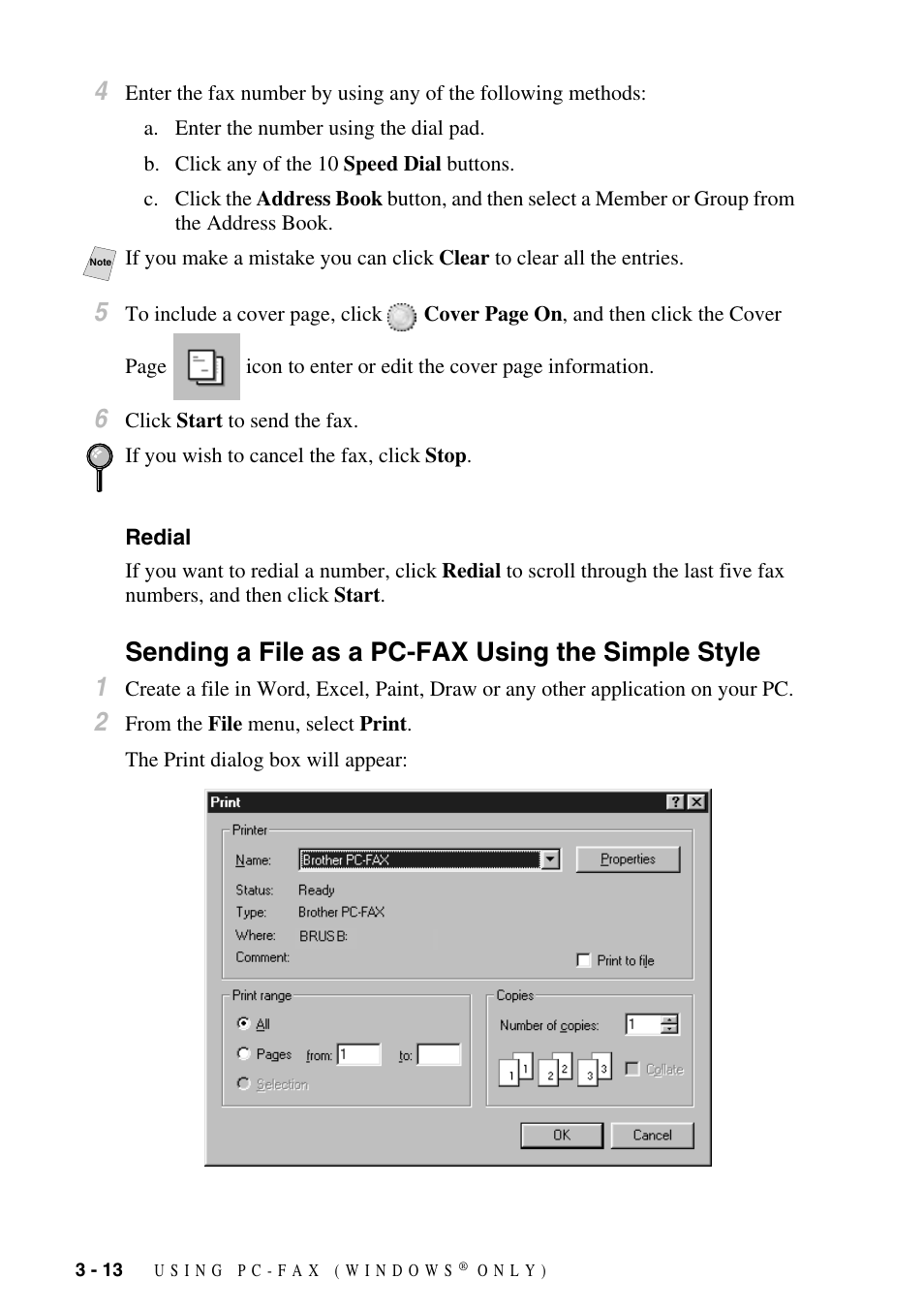Redial, Sending a file as a pc-fax using the simple style, Redial -13 | Brother IntelliFax FAX-1800C User Manual | Page 33 / 40