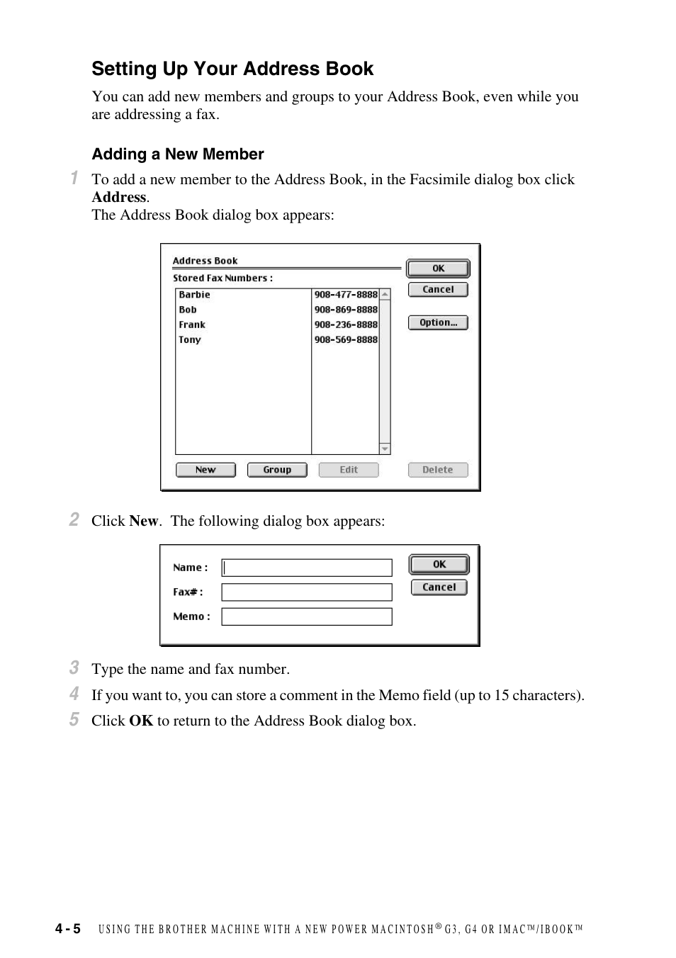 Setting up your address book, Adding a new member, Setting up your address book -5 | Adding a new member -5 | Brother IntelliFax FAX-1800C User Manual | Page 39 / 40