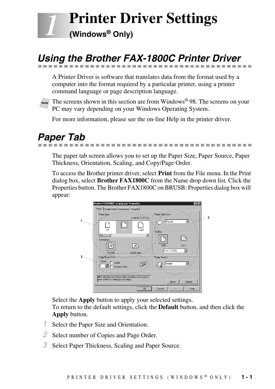 Printer driver settings (windows® only), Using the brother fax-1800c printer driver, Paper tab | Printer driver settings (windows, Only) -1, Printer driver settings | Brother IntelliFax FAX-1800C User Manual | Page 6 / 40