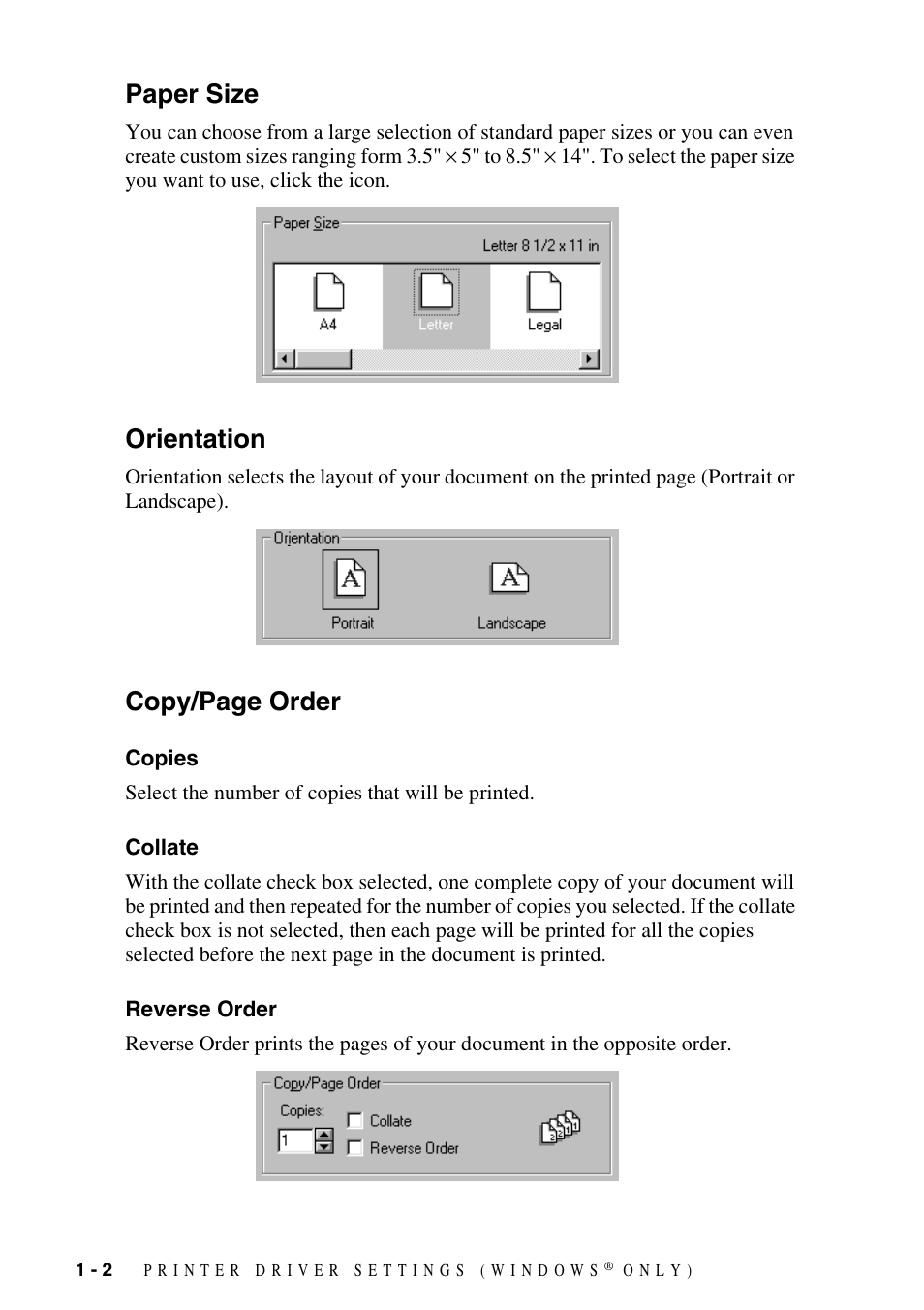 Paper size, Orientation, Copies | Collate, Reverse order, Copies -2 collate -2 reverse order -2, Copy/page order | Brother IntelliFax FAX-1800C User Manual | Page 7 / 40