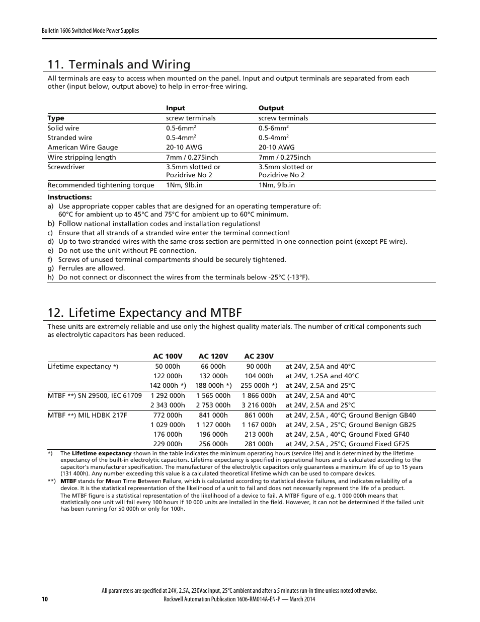 Terminals and wiring, Lifetime expectancy and mtbf | Rockwell Automation 1606-XLP60EQT Power Supply Reference Manual User Manual | Page 10 / 24