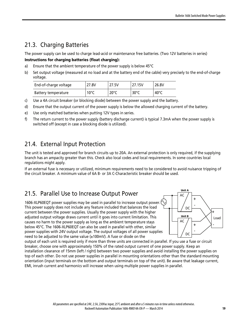 Charging batteries, External input protection, Parallel use to increase output power | Rockwell Automation 1606-XLP60EQT Power Supply Reference Manual User Manual | Page 19 / 24