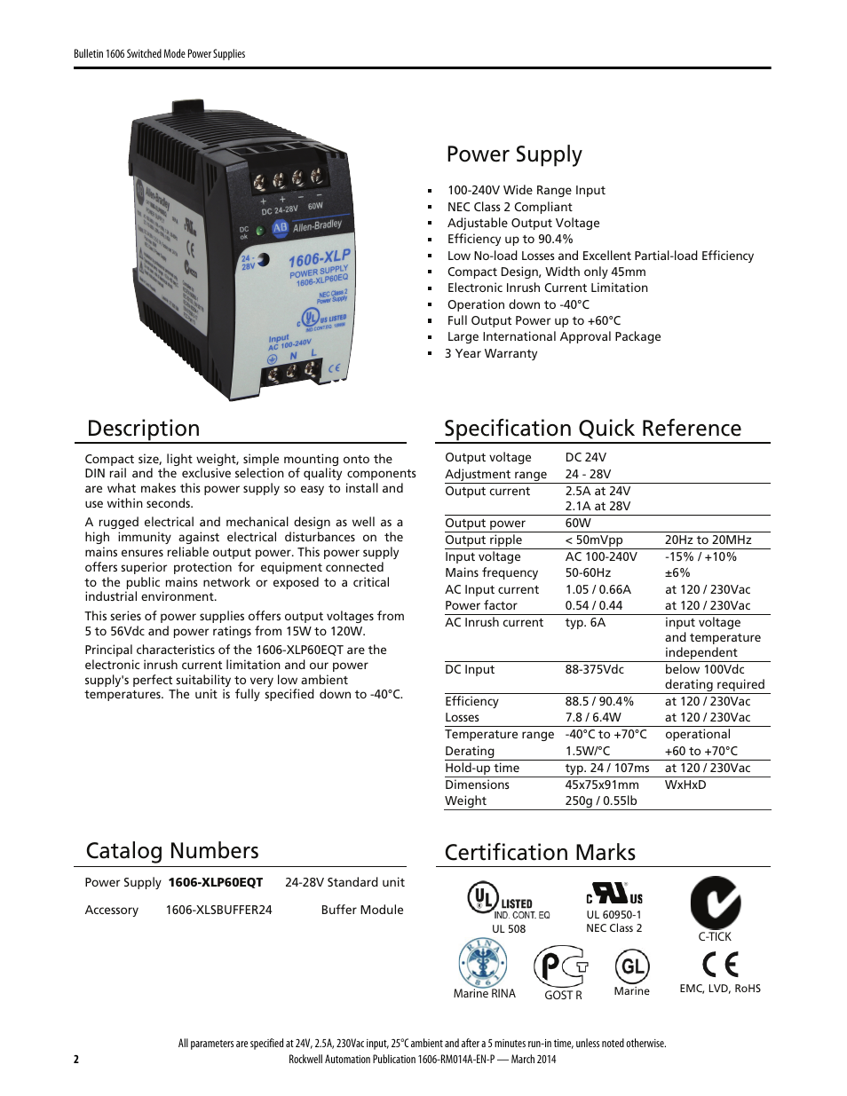 Power supply, Description, Specification quick reference | Catalog numbers, Certification marks | Rockwell Automation 1606-XLP60EQT Power Supply Reference Manual User Manual | Page 2 / 24