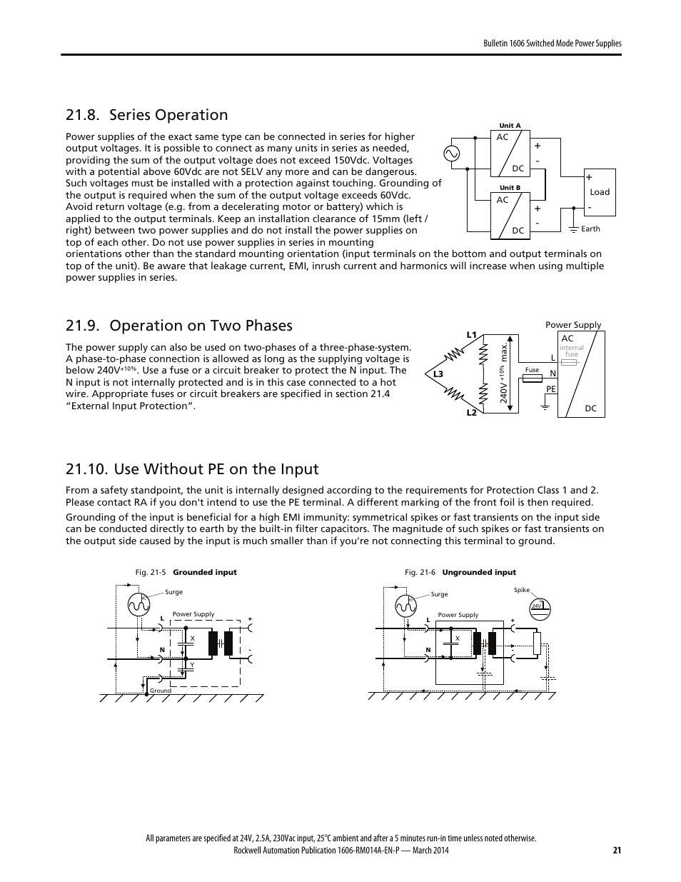 Series operation, Operation on two phases, Use without pe on the input | Rockwell Automation 1606-XLP60EQT Power Supply Reference Manual User Manual | Page 21 / 24