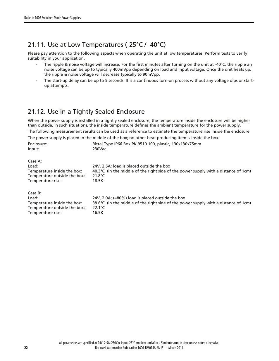 Use at low temperatures (-25°c / -40°c), Use in a tightly sealed enclosure | Rockwell Automation 1606-XLP60EQT Power Supply Reference Manual User Manual | Page 22 / 24