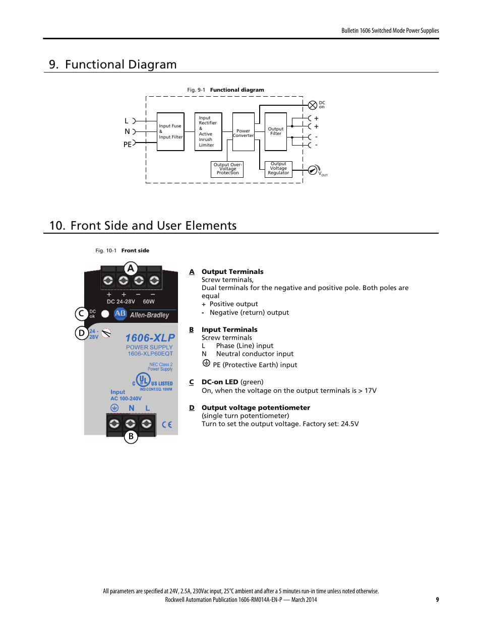 Functional diagram, Front side and user elements, Cd b | Rockwell Automation 1606-XLP60EQT Power Supply Reference Manual User Manual | Page 9 / 24